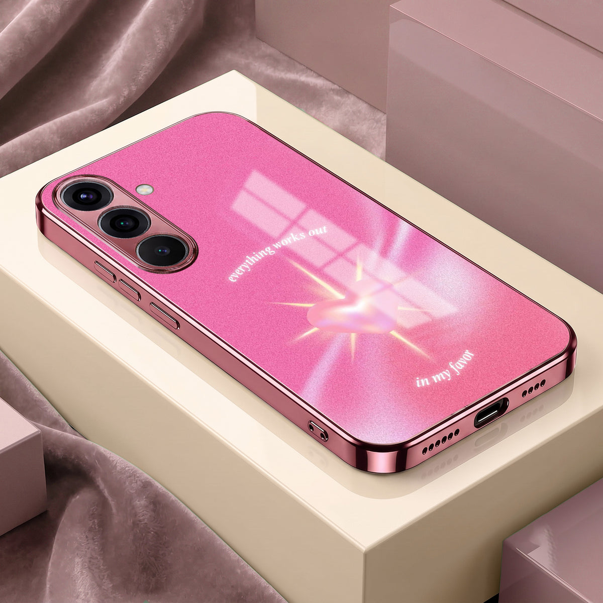 Samsung Galaxy A56 5G Luxury Glowing Heart Pink Electroplated Glass Phone Back Case