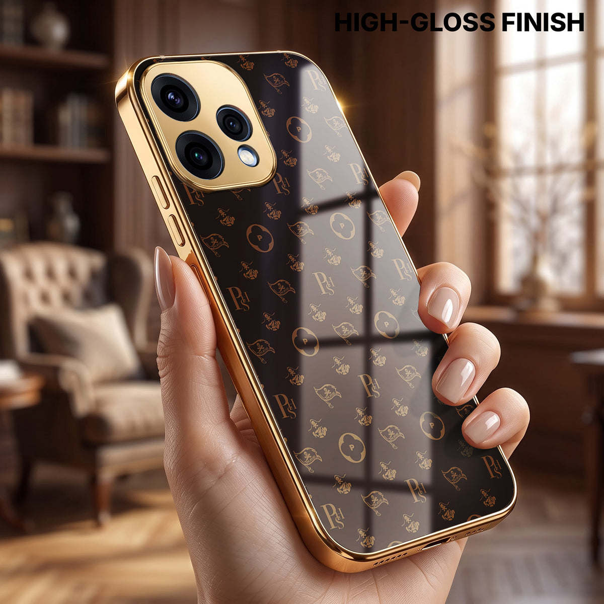 Oppo Reno 15 5G Luxury Monogram Brown Gold Electroplated Glass Phone Back Case