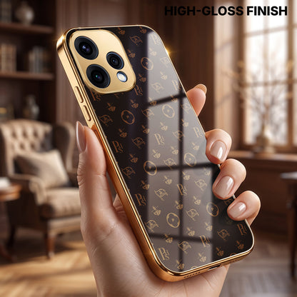 Oppo Reno 15 5G Luxury Monogram Brown Gold Electroplated Glass Phone Back Case
