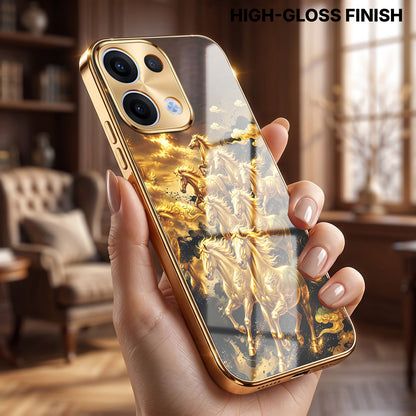 Oppo Reno 13 5G Horses Royal Glory Gold Electroplated Glass Phone Back Case