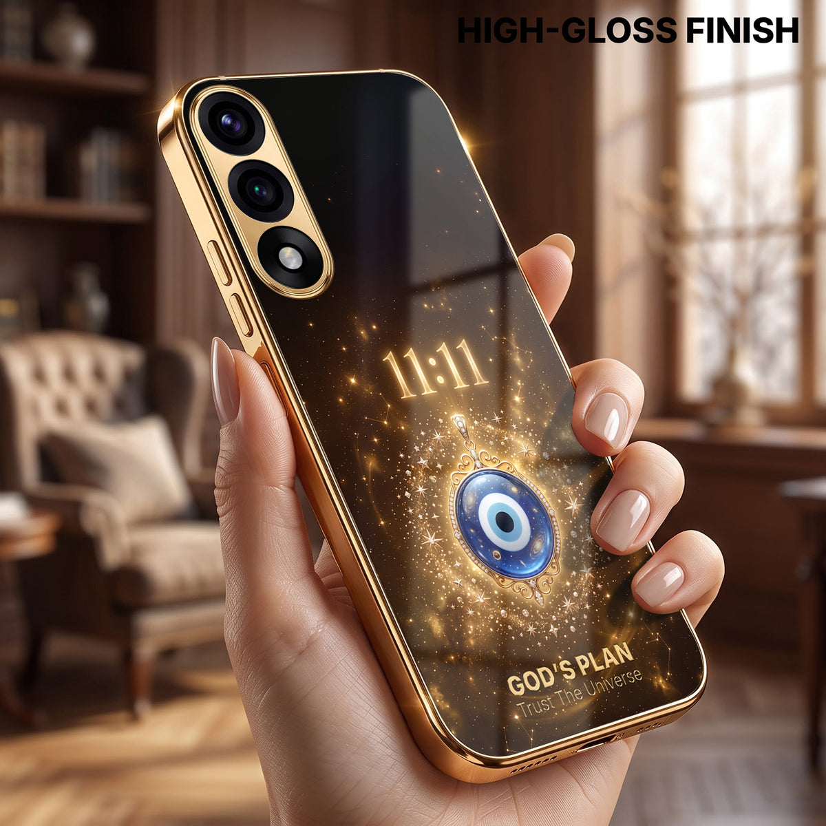 OnePlus Nord 5 5G God’s Plan Evil Eye Gold Electroplated Glass Phone Back Case