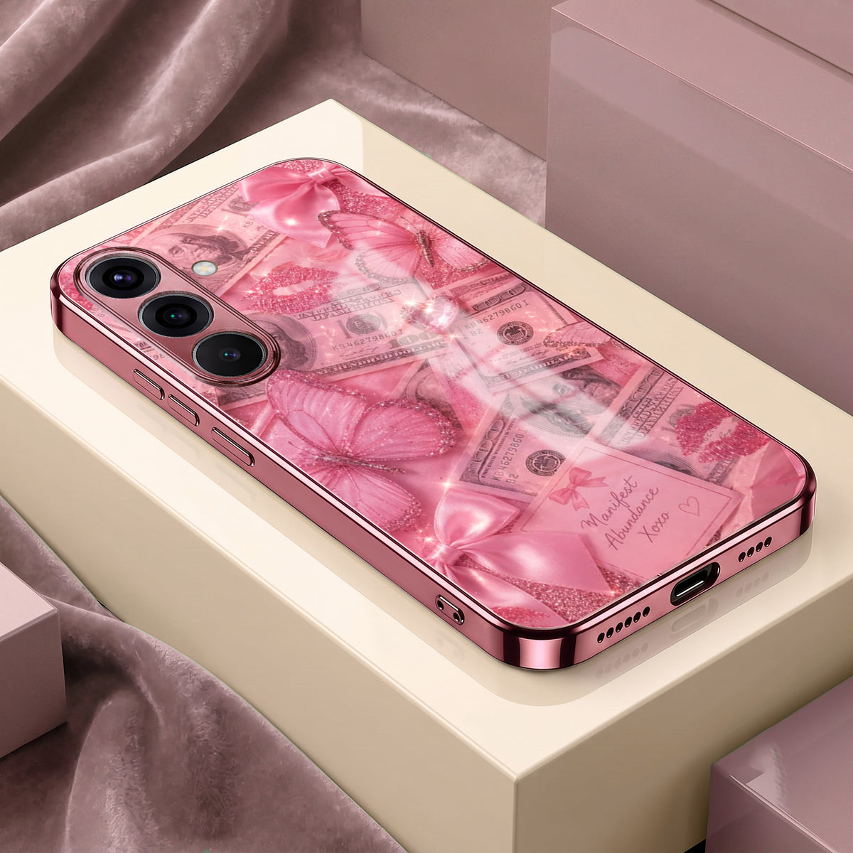 Samsung Galaxy A36 5G Luxury Dollar Butterfly Pink Electroplated Glass Phone Back Case