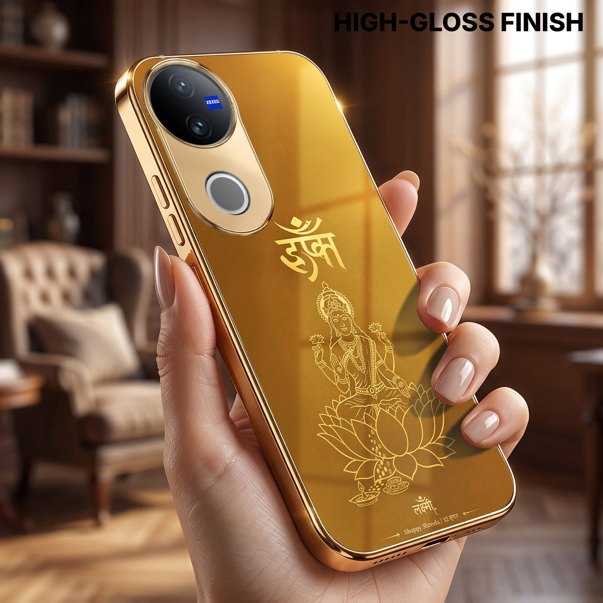 Vivo V50 5G Shree Lakshmi Divine Gold Electroplated Glass Phone Back Case