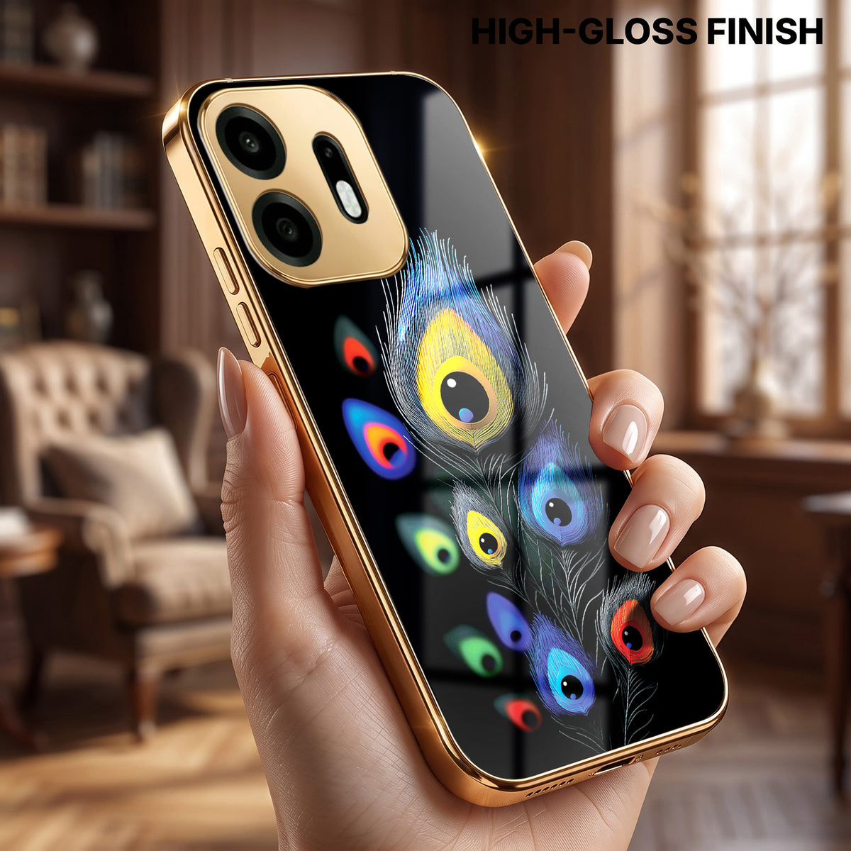 OnePlus N6 5G Multi-Feather Peacock Gold Electroplated Glass Phone Back Case
