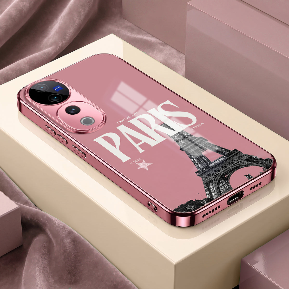 Vivo V40 Pro 5G Luxury Paris Tower Pink Electroplated Glass Phone Back Case