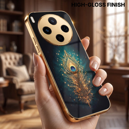 Vivo X300 5G Golden Peacock Feather Gold Electroplated Glass Phone Back Case