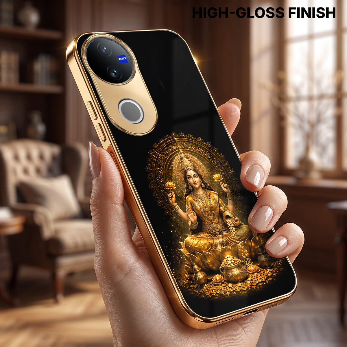 Vivo V50 5G Golden Maa Lakshmi Gold Electroplated Glass Phone Back Case