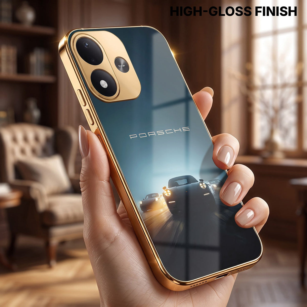 Redmi Note 17 5G Porsche Luxury Gold Electroplated Glass Phone Back Case