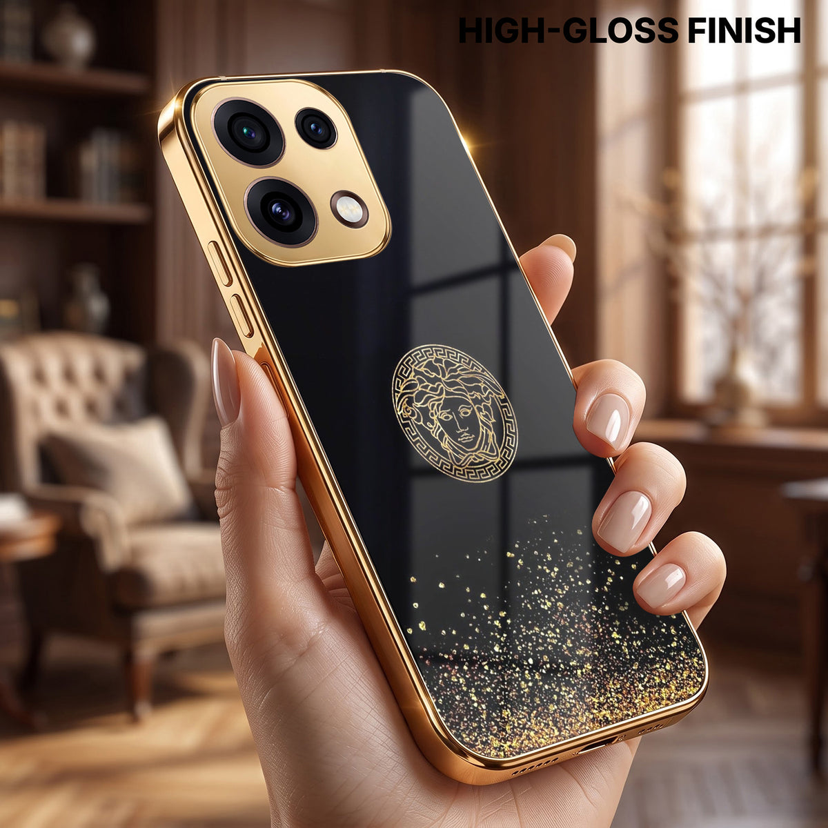 Oppo Reno 16C 5G Medusa Head Gold Electroplated Glass Phone Back Case
