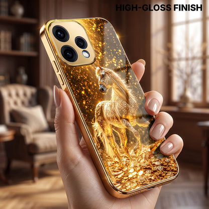 Oppo Reno 15 5G Golden Horse Sparkle Gold Electroplated Glass Phone Back Case