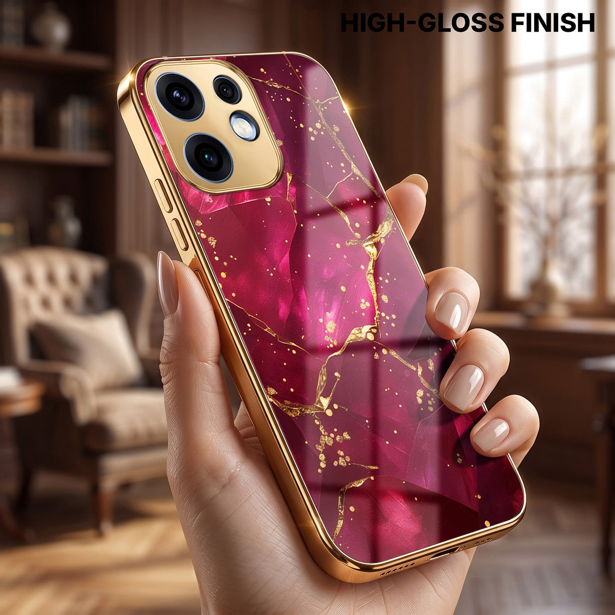 Oppo Reno 16 5G Luxury Crimson Marble Gold Electroplated Glass Phone Back Case