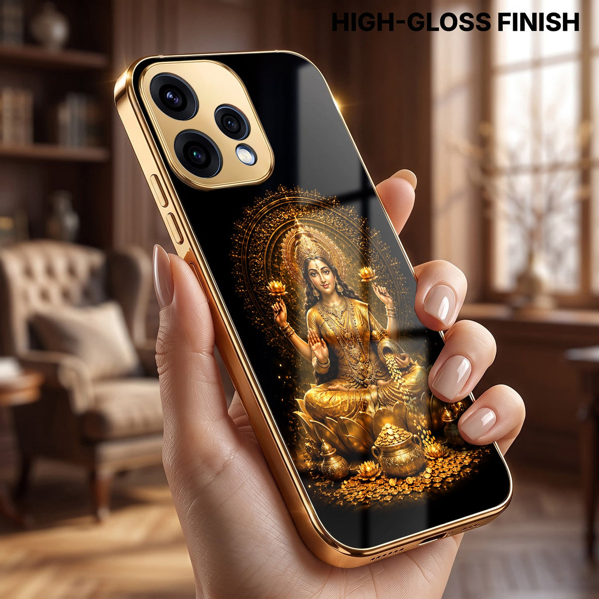 Oppo Reno 15 5G Golden Maa Lakshmi Gold Electroplated Glass Phone Back Case