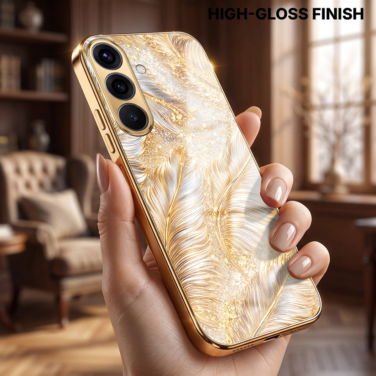Samsung Galaxy A36 5G Golden Feather Marble Gold Electroplated Glass Phone Back Case