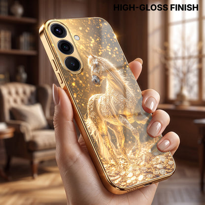 Samsung Galaxy A36 5G Golden Horse Sparkle Gold Electroplated Glass Phone Back Case