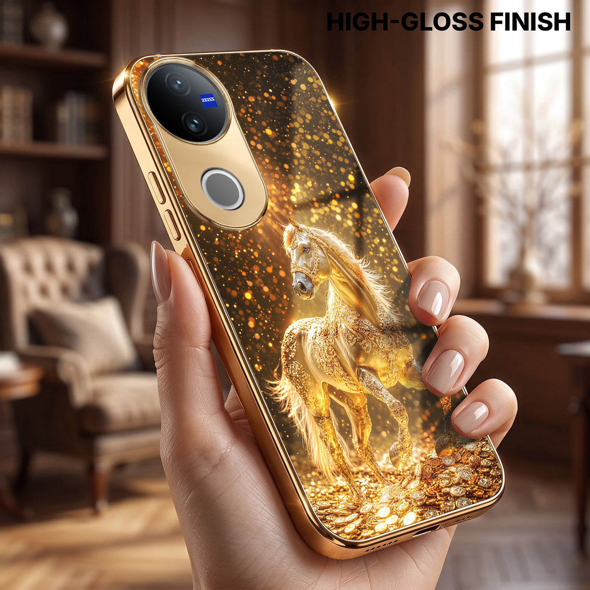 Vivo V50 5G Golden Horse Sparkle Gold Electroplated Glass Phone Back Case
