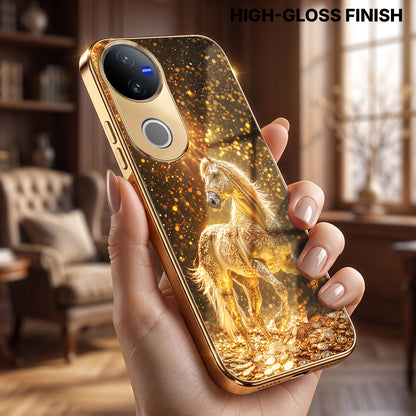 Vivo V50 5G Golden Horse Sparkle Gold Electroplated Glass Phone Back Case