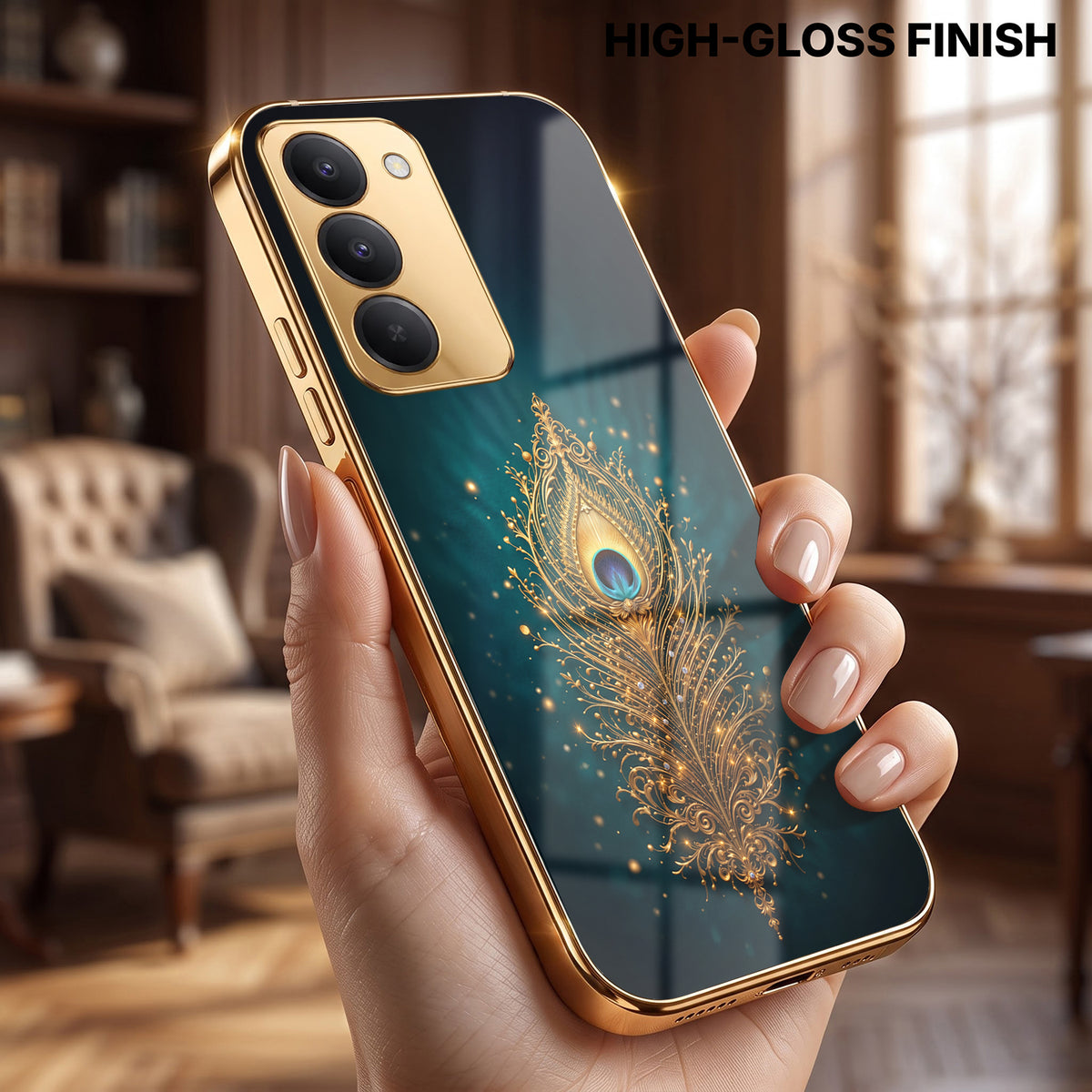 Redmi 15 5G Golden Peacock Feather Gold Electroplated Glass Phone Back Case