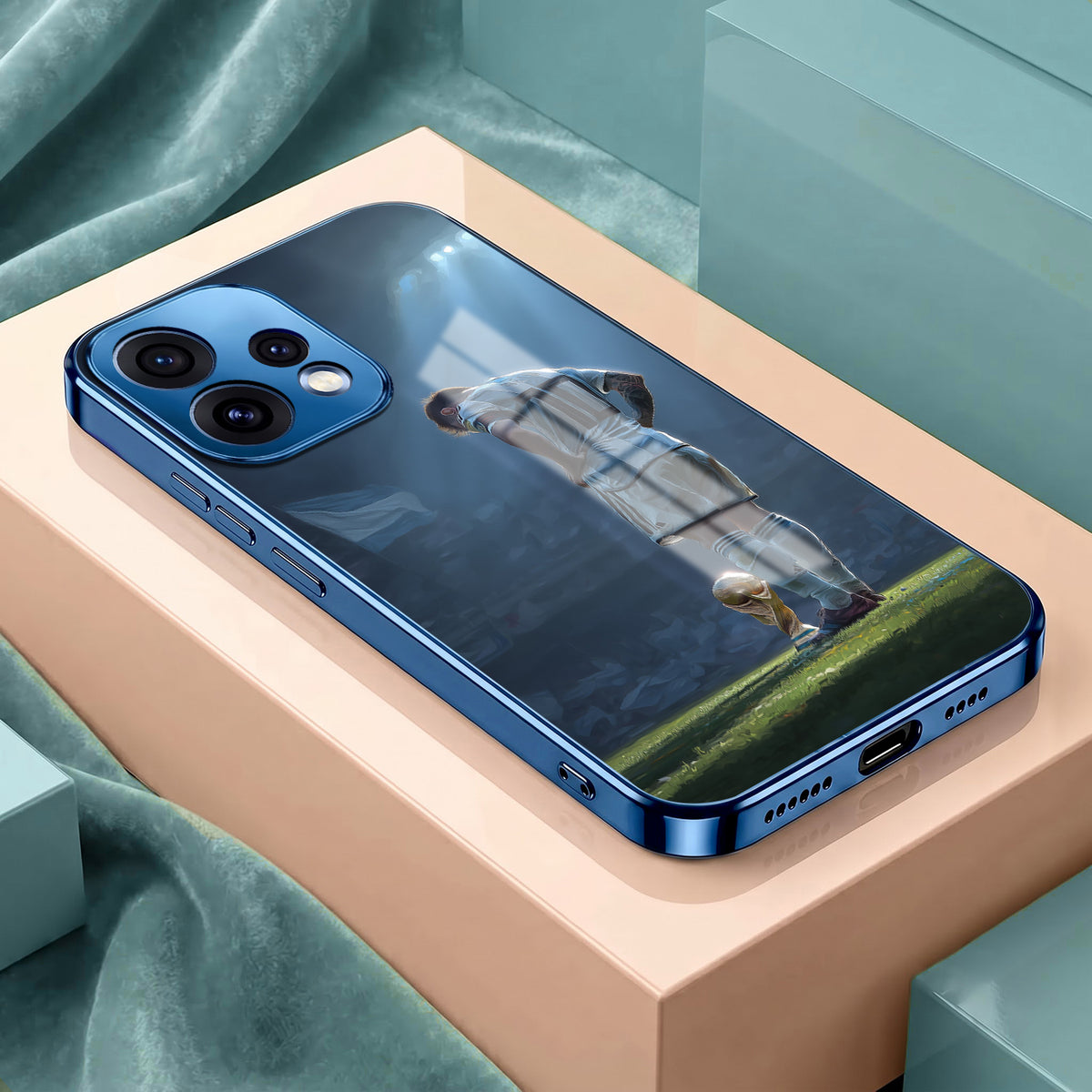 Oppo Reno 15 5G Football Champion Blue Electroplated Glass Phone Back Case