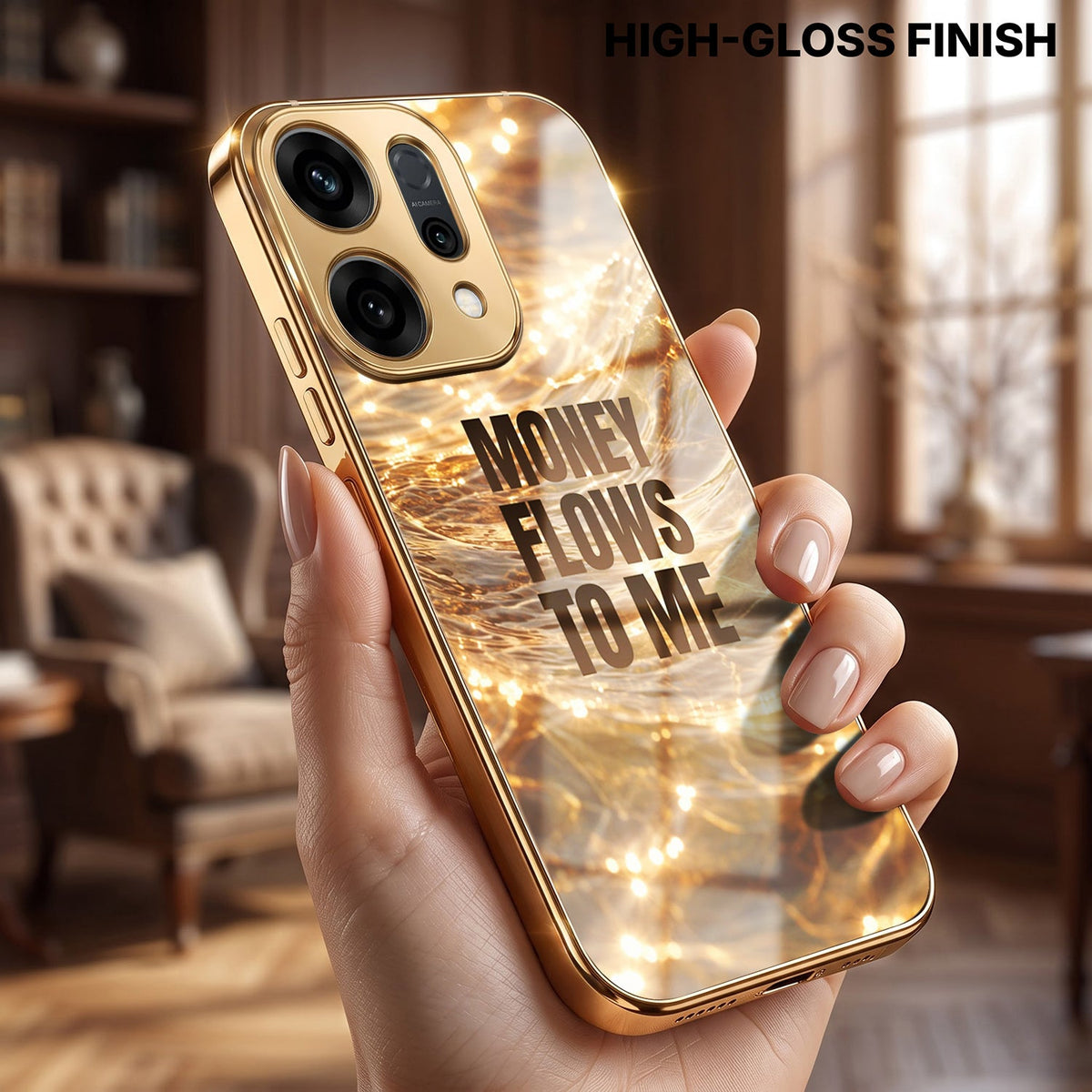 Oppo Reno 14 5G Money Flows To Me Gold Electroplated Glass Phone Back Case