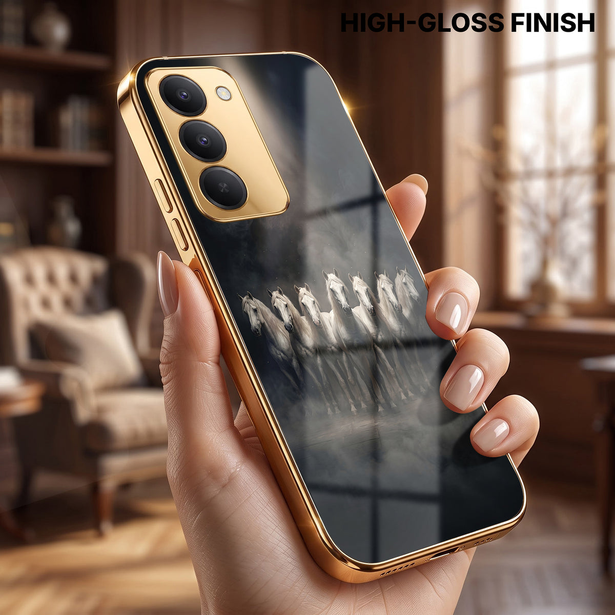Redmi 15 5G Running Horses Gold Electroplated Glass Phone Back Case