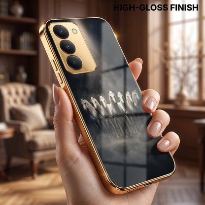 Redmi 15 5G Running Horses Gold Electroplated Glass Phone Back Case