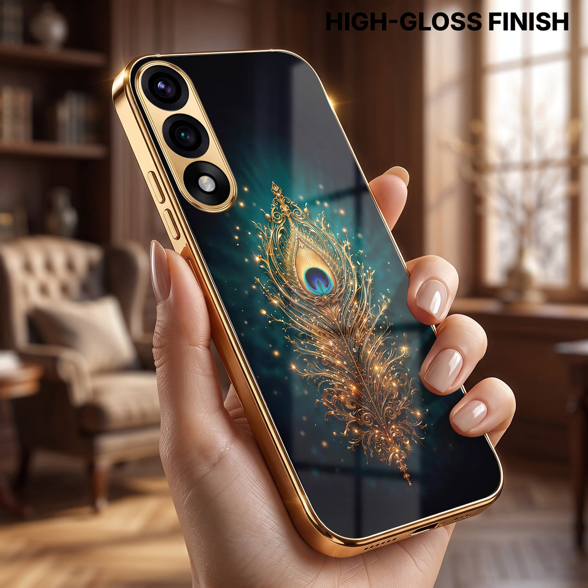 Oneplus Nord 5 5G Golden Peacock Feather Gold Electroplated Glass Phone Back Case