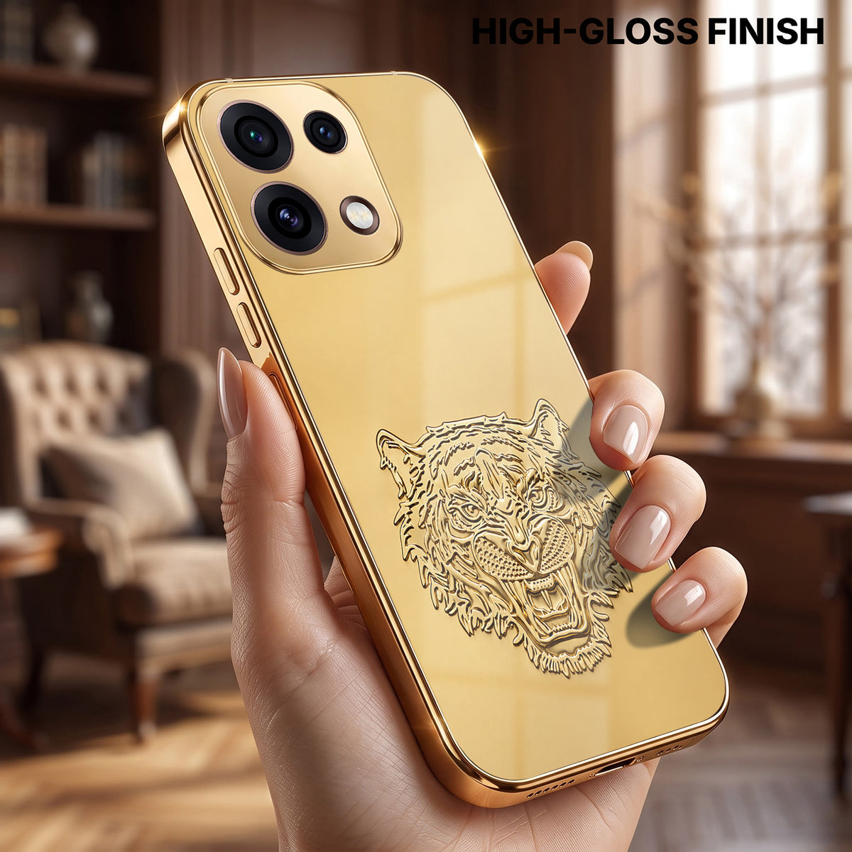 Oppo Reno 16C 5G Golden Tiger Face Gold Electroplated Glass Phone Back Case