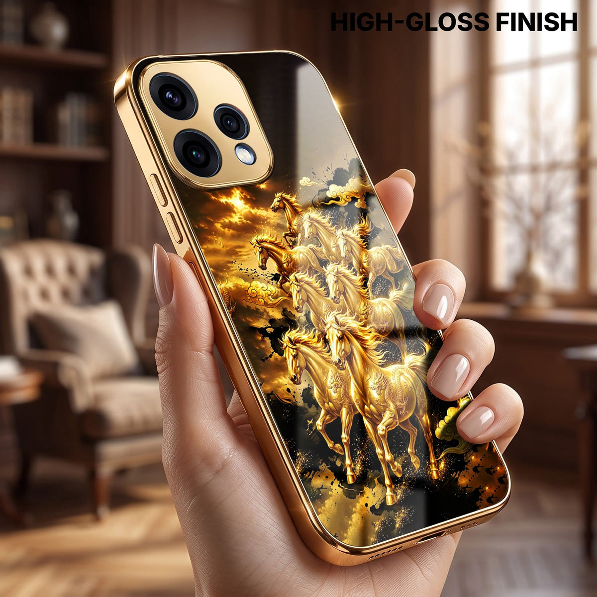 Oppo Reno 15 5G Celestial Seven Horses Gold Electroplated Glass Phone Back Case