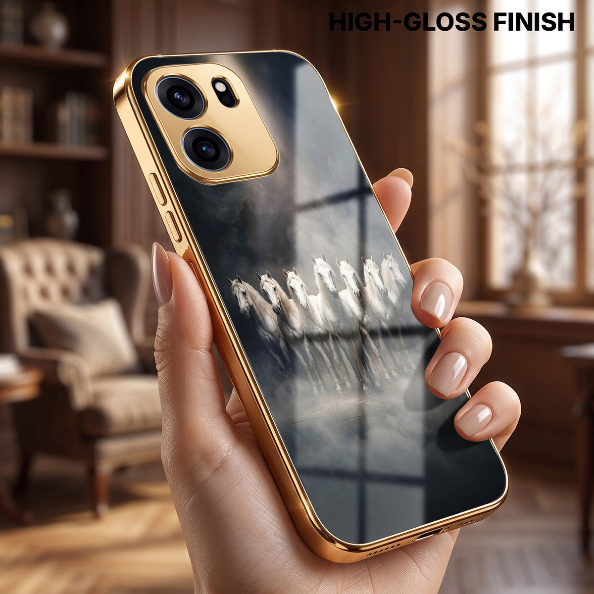 OnePlus Nord CE6 5G Running Horses Gold Electroplated Glass Phone Back Case