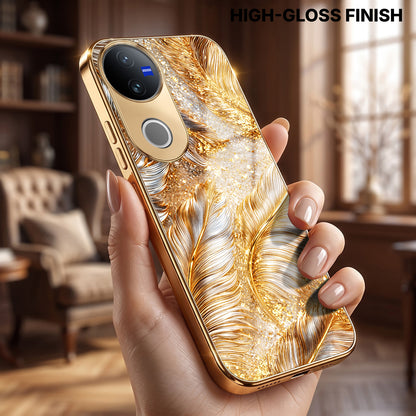 Vivo V50 5G Golden Feather Marble Gold Electroplated Glass Phone Back Case
