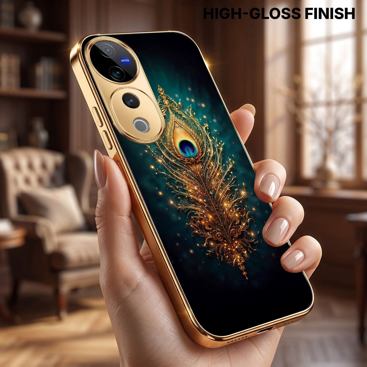 Vivo V40 Pro 5G Golden Peacock Feather Gold Electroplated Glass Phone Back Case