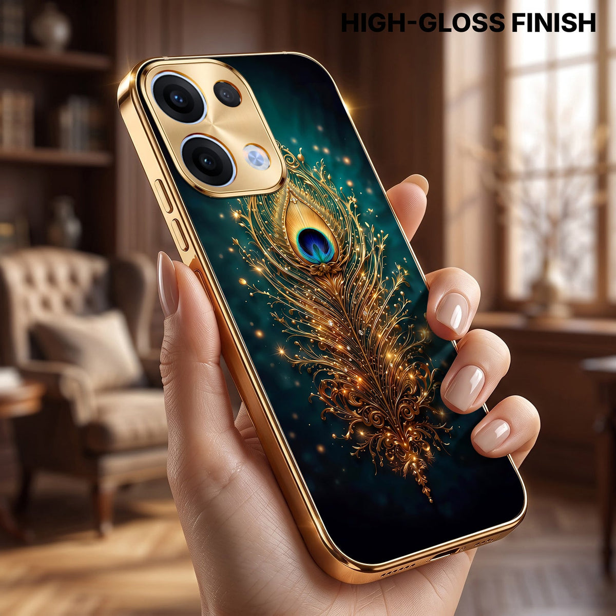 Oppo Reno 13 5G Golden Peacock Feather Gold Electroplated Glass Phone Back Case