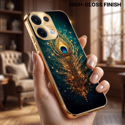 Oppo Reno 13 5G Golden Peacock Feather Gold Electroplated Glass Phone Back Case