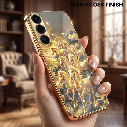 Samsung Galaxy A36 5G Horses Royal Glory Gold Electroplated Glass Phone Back Case