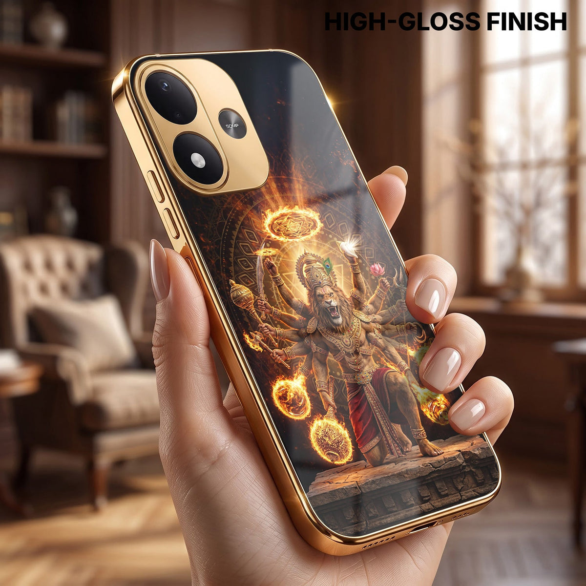 Redmi Note 17 5G Lord Narasimha Gold Electroplated Glass Phone Back Case