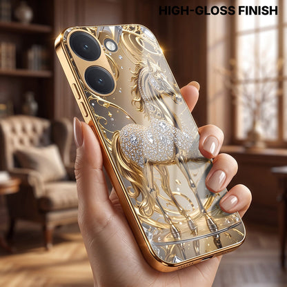Poco X8 Pro 5G Luxury Horse Texture Gold Electroplated Glass Phone Back Case