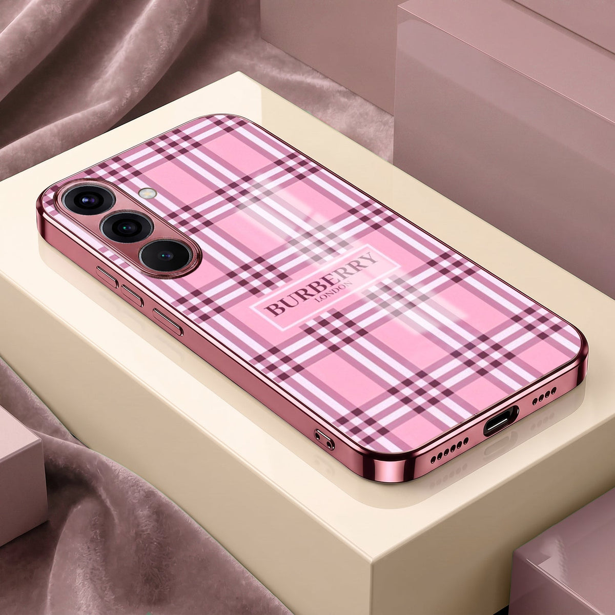 Samsung Galaxy A56 5G Burberry Classic Pink Electroplated Glass Phone Back Case