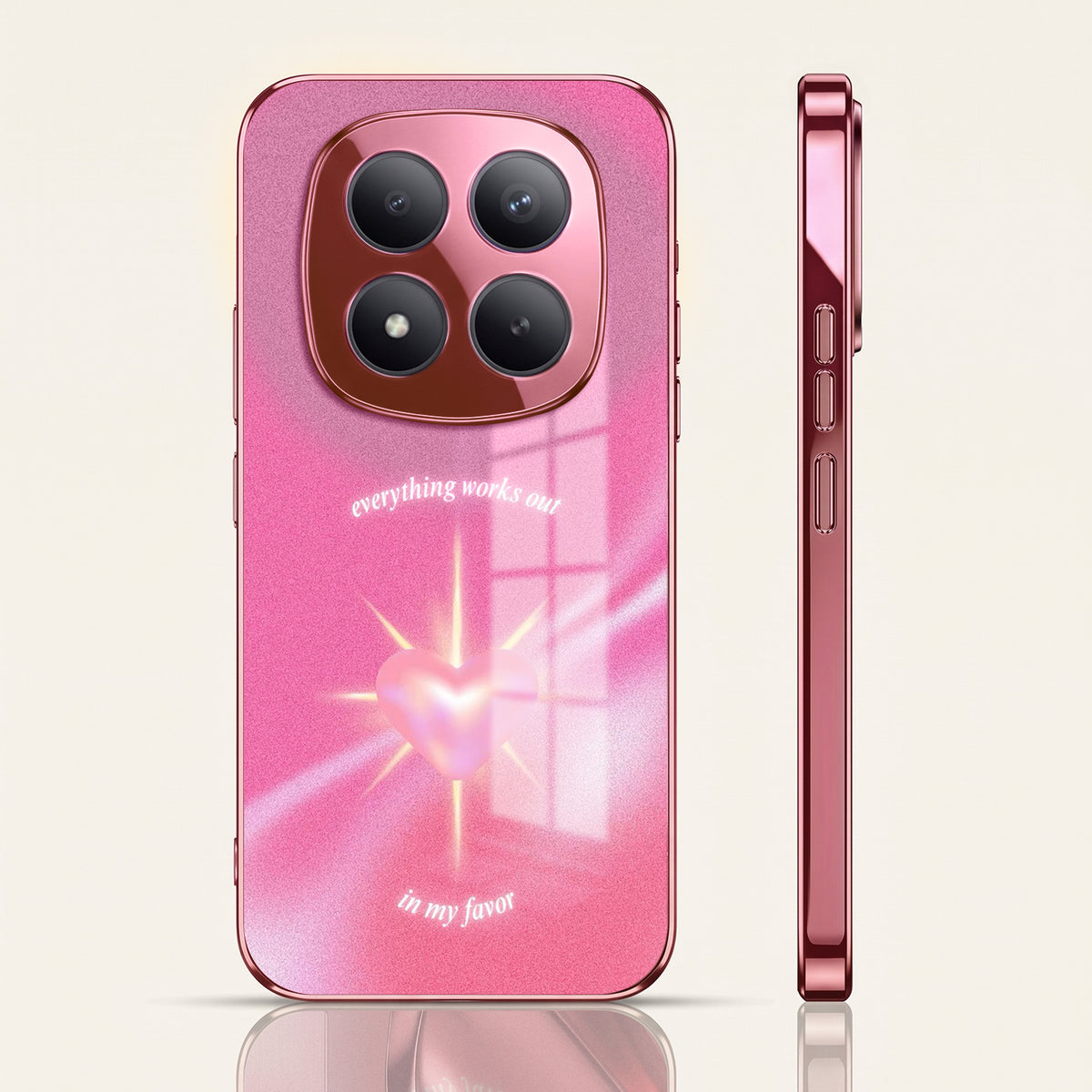 Redmi Note 15 Pro+ 5G Luxury Glowing Heart Pink Electroplated Glass Phone Back Case