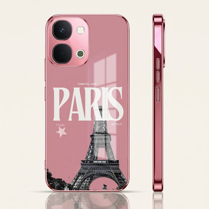 Vivo T5x 5G Luxury Paris Tower Pink Electroplated Glass Phone Back Case