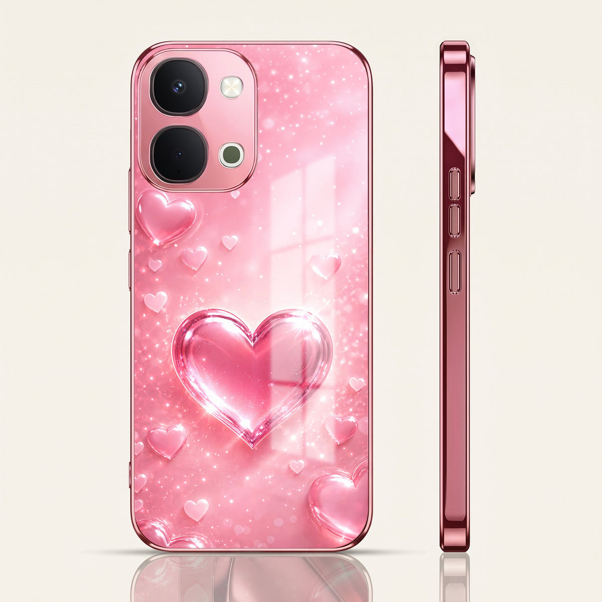 Vivo T5x 5G Luxury 3D Jelly Heart Pink Electroplated Glass Phone Back Case