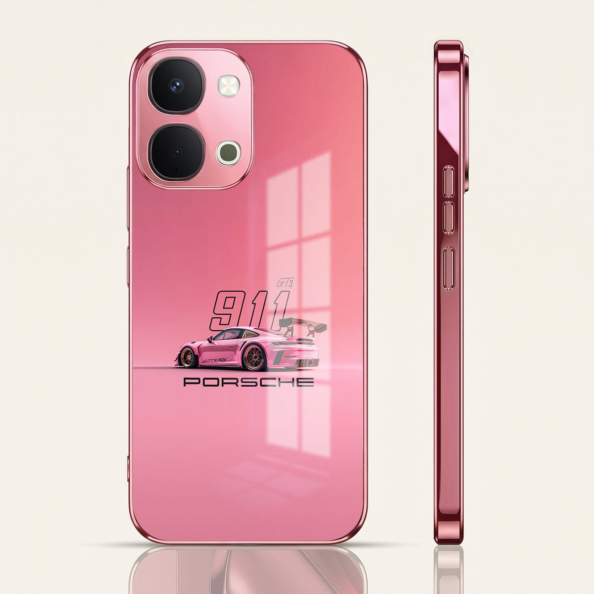 Vivo T5x 5G Luxury Porsche 911 Pink Electroplated Glass Phone Back Case