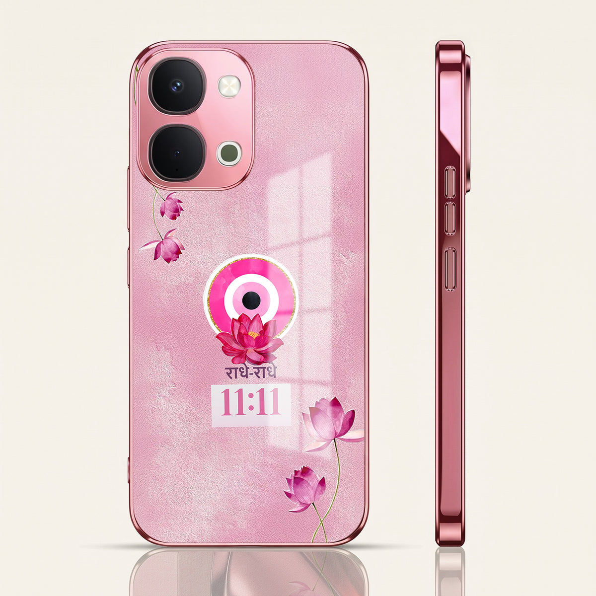 Vivo T5x 5G Luxury Radhe Radhe 11:11 Pink Electroplated Glass Phone Back Case