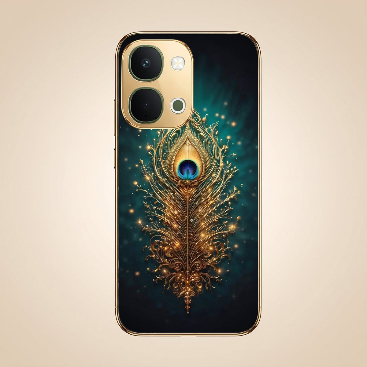 Vivo T5x 5G Golden Peacock Feather Gold Electroplated Glass Phone Back Case