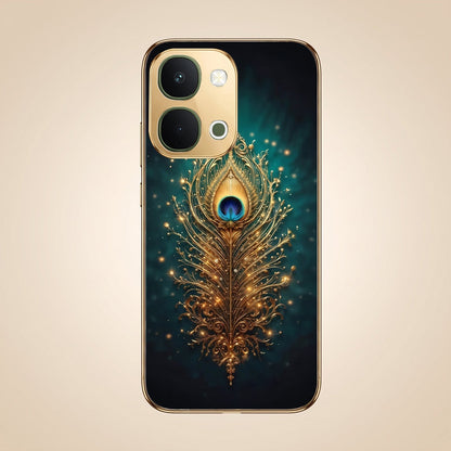 Vivo T5x 5G Golden Peacock Feather Gold Electroplated Glass Phone Back Case