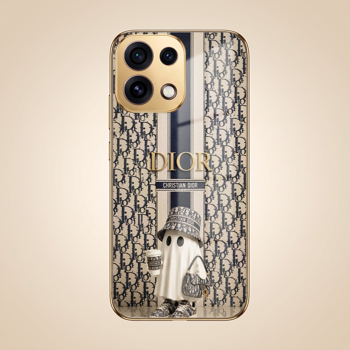 Oppo Reno 16C 5G Luxury Dior Gold Electroplated Glass Phone Back Case