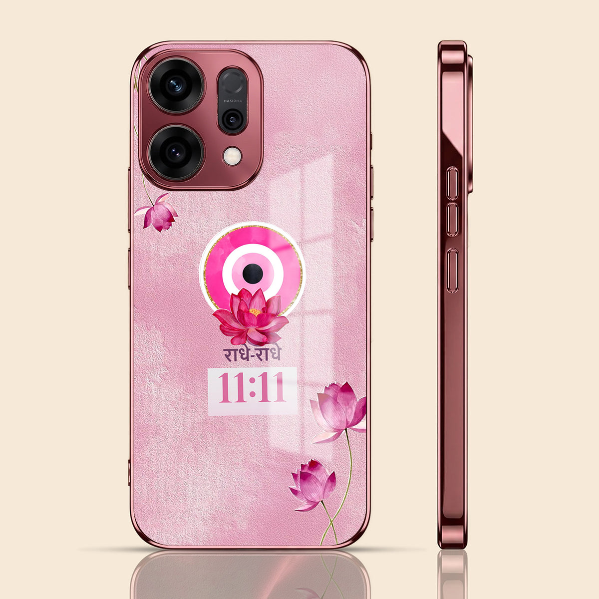 Oppo Reno 14 5G Luxury Radhe Radhe 11:11 Pink Electroplated Glass Phone Back Case