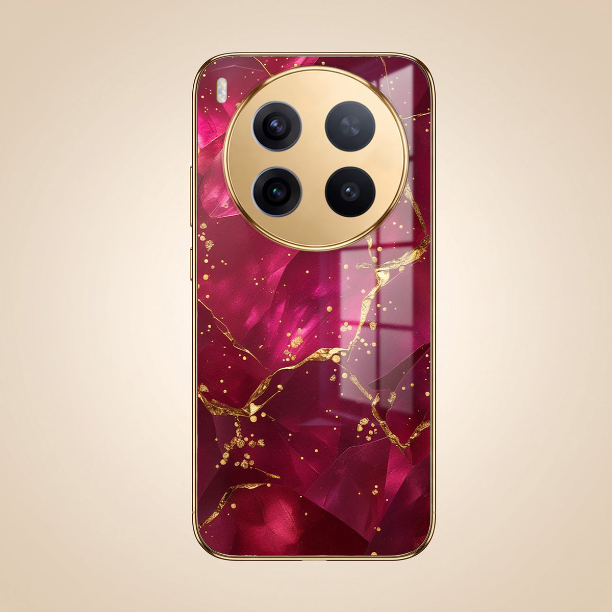Vivo X300 Pro 5G Luxury Crimson Marble Gold Electroplated Glass Phone Back Case