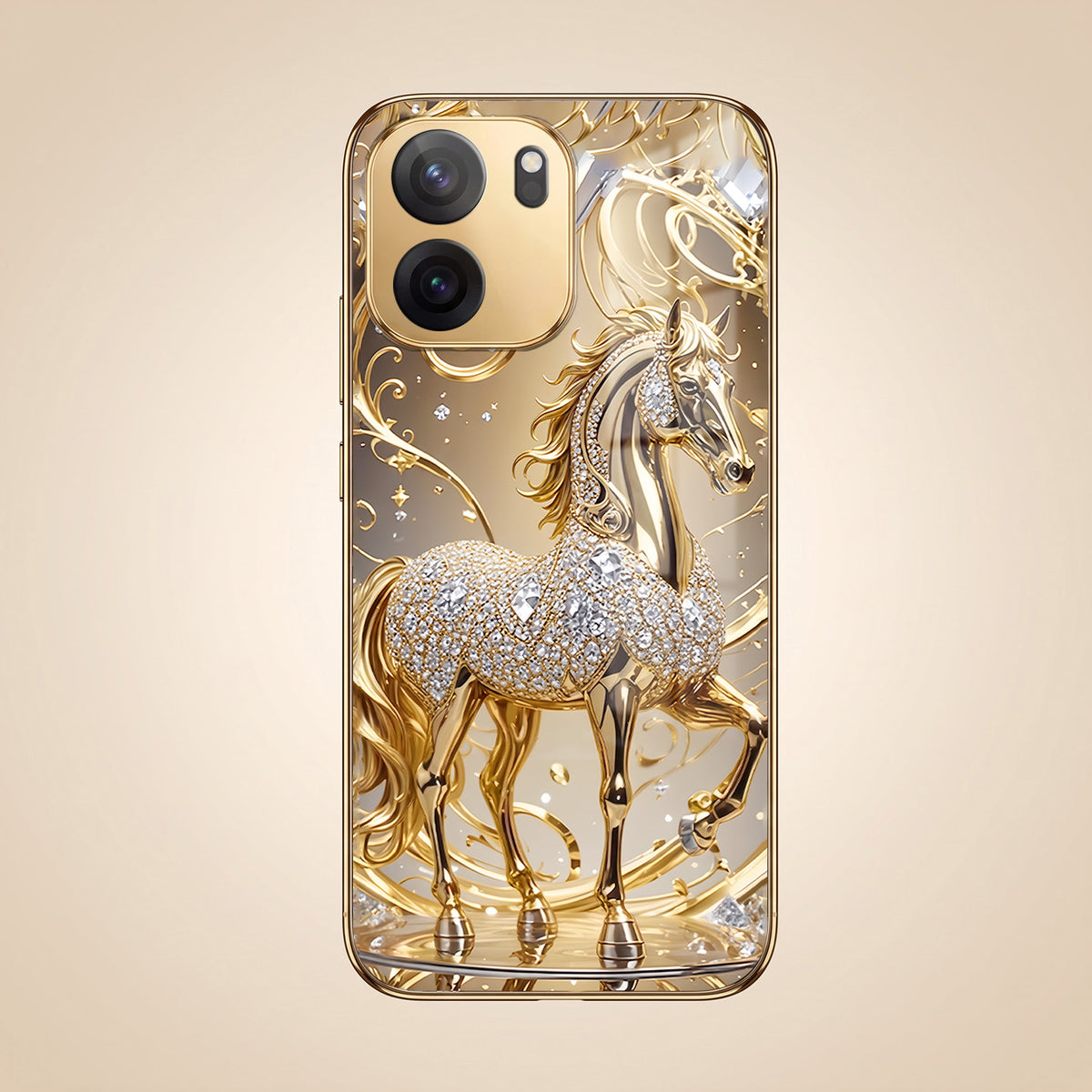 OnePlus Nord CE6 5G Luxury Horse Texture Gold Electroplated Glass Phone Back Case