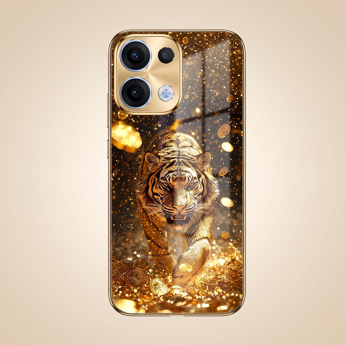 Oppo Reno 13 5G Luxury Tiger Gold Electroplated Glass Phone Back Case