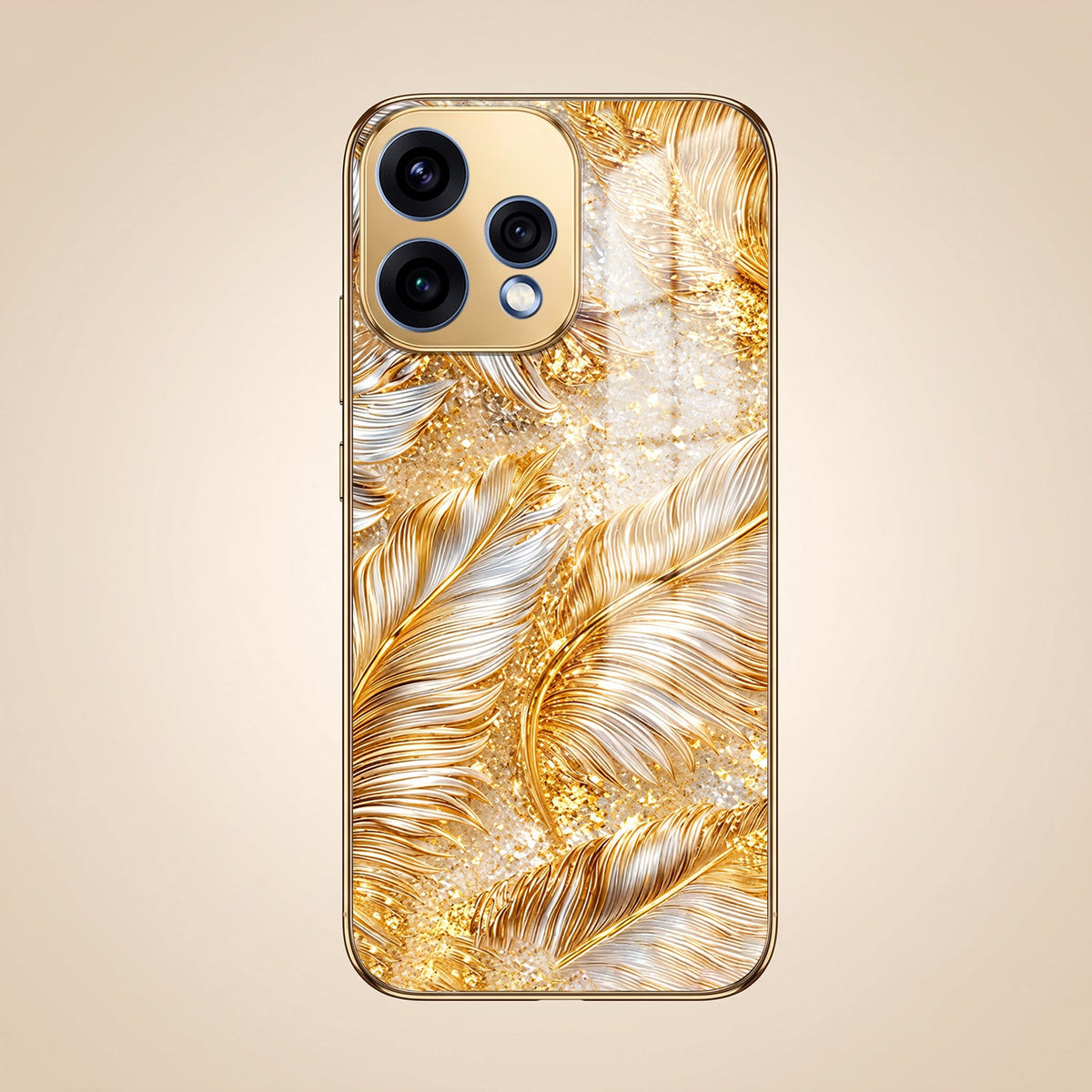 Oppo Reno 15 5G Golden Feather Marble Gold Electroplated Glass Phone Back Case